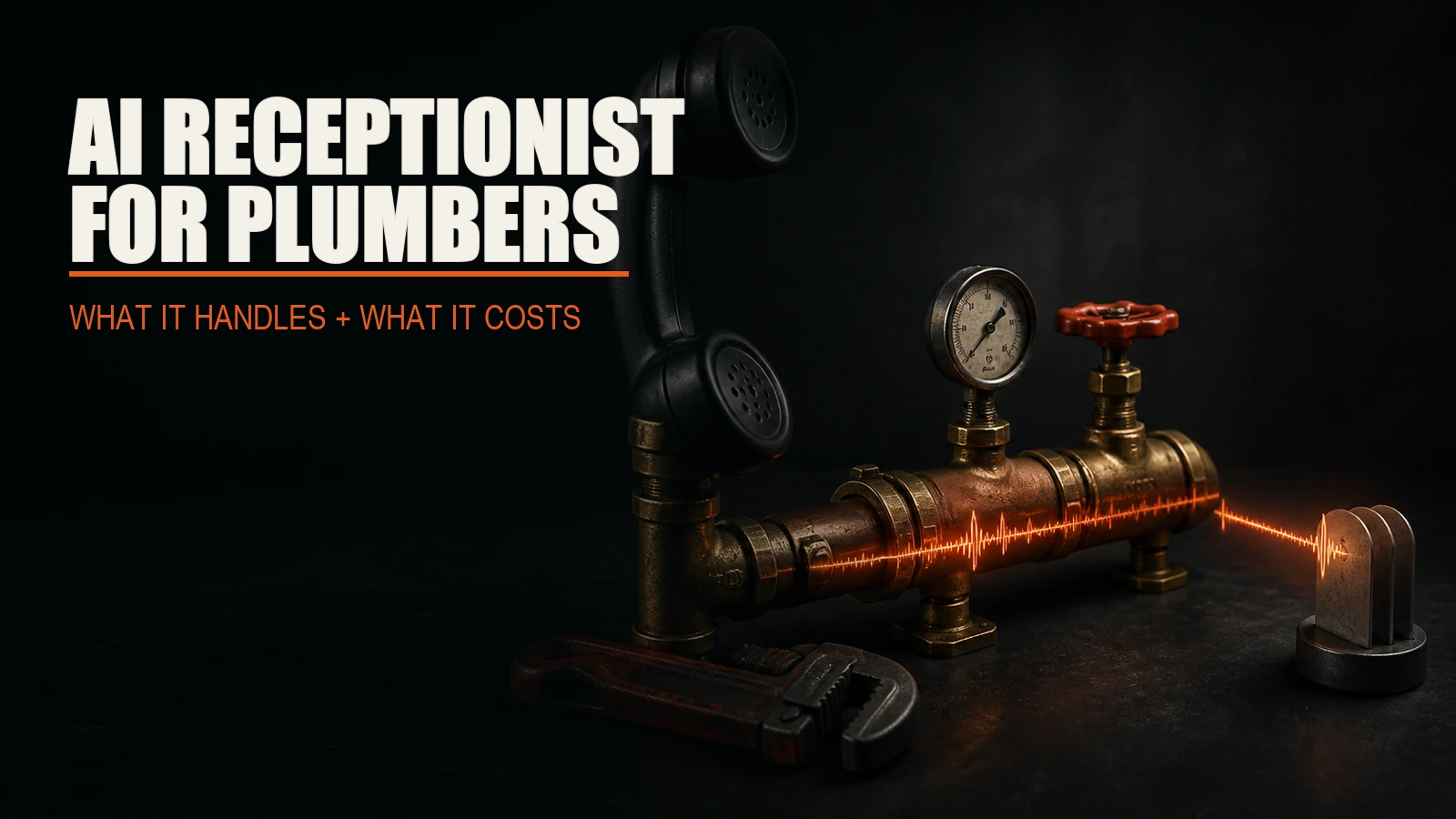Telephone handset integrated with plumbing pipes, a pressure gauge, and an orange call signal